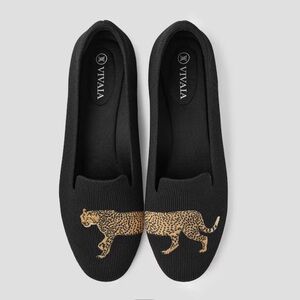 VIVAIA, Round-Toe Embroidered Loafers (Audrey - Black Cheetah), Size 39 (US 8)